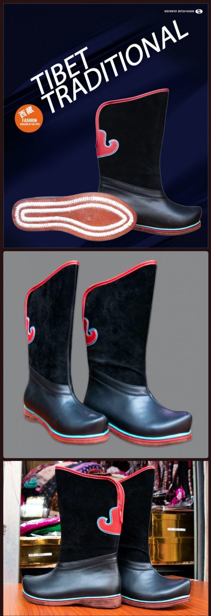 Velvet Tibetan Traditional Boots, Tibetan Festival Boots For Men