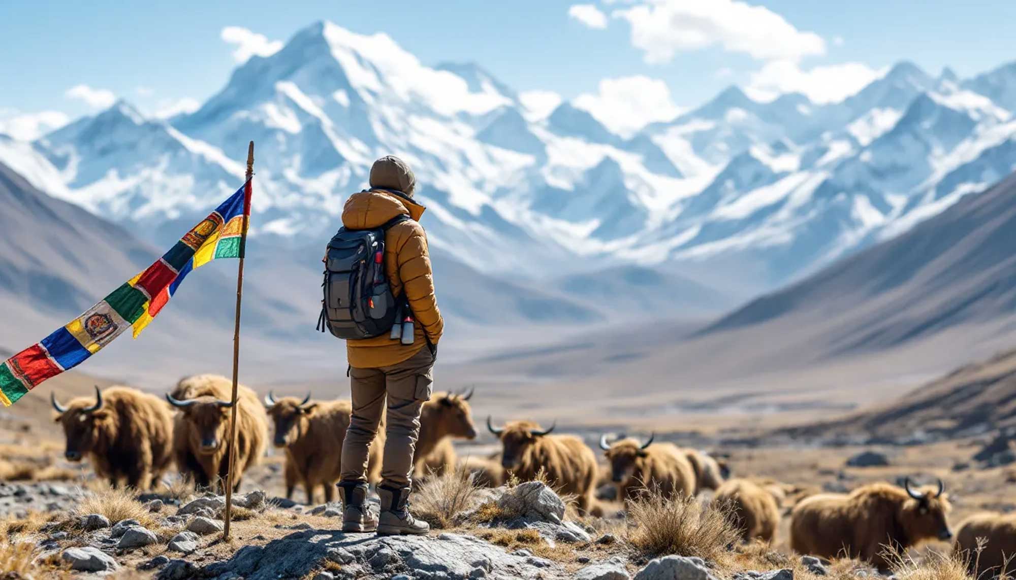 A traveler enjoying the beautiful landscapes of Tibet while practicing altitude sickness prevention.